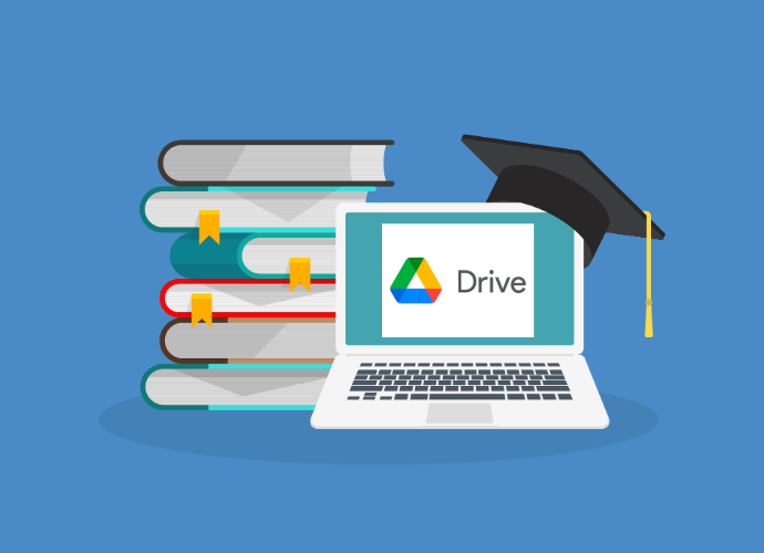 Google Drive image on laptop with books and mortarboard